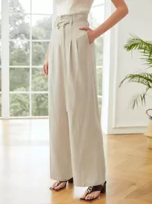 MOTF PREMIUM WIDE BELTED LINEN-BLEND PANTS - Khaki - View 7
