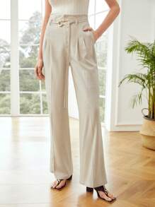 MOTF PREMIUM WIDE BELTED LINEN-BLEND PANTS - Khaki - View 8