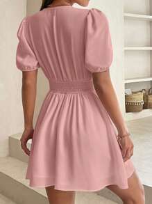 SHEIN PETITE Guipure Lace Insert Puff Sleeve Dress - Baby Pink - View 2