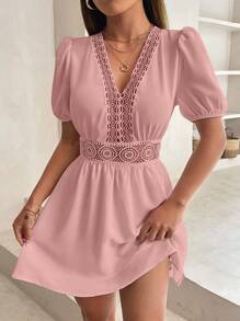 SHEIN PETITE Guipure Lace Insert Puff Sleeve Dress - Baby Pink - View 4