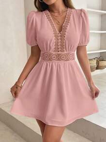 SHEIN PETITE Guipure Lace Insert Puff Sleeve Dress - Baby Pink - View 5