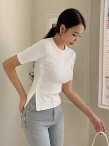 DAZY Solid Split Hem Tee - White - View 6