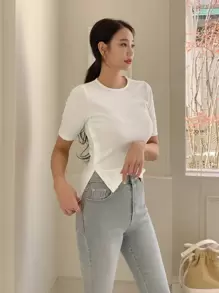 DAZY Solid Split Hem Tee - White - View 8