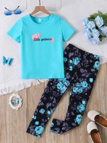 SHEIN Young Girl Letter Graphic Tee & Floral Print Leggings Summer Holiday