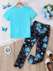 SHEIN Young Girl Letter Graphic Tee & Floral Print Leggings Summer Holiday