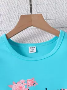 SHEIN Young Girl Letter Graphic Tee & Floral Print Leggings Summer Holiday