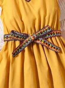 SHEIN 女孩拼接幾何織帶花瓣袖繫腰帶連衣裙 - 芥末黃 - 查看 4