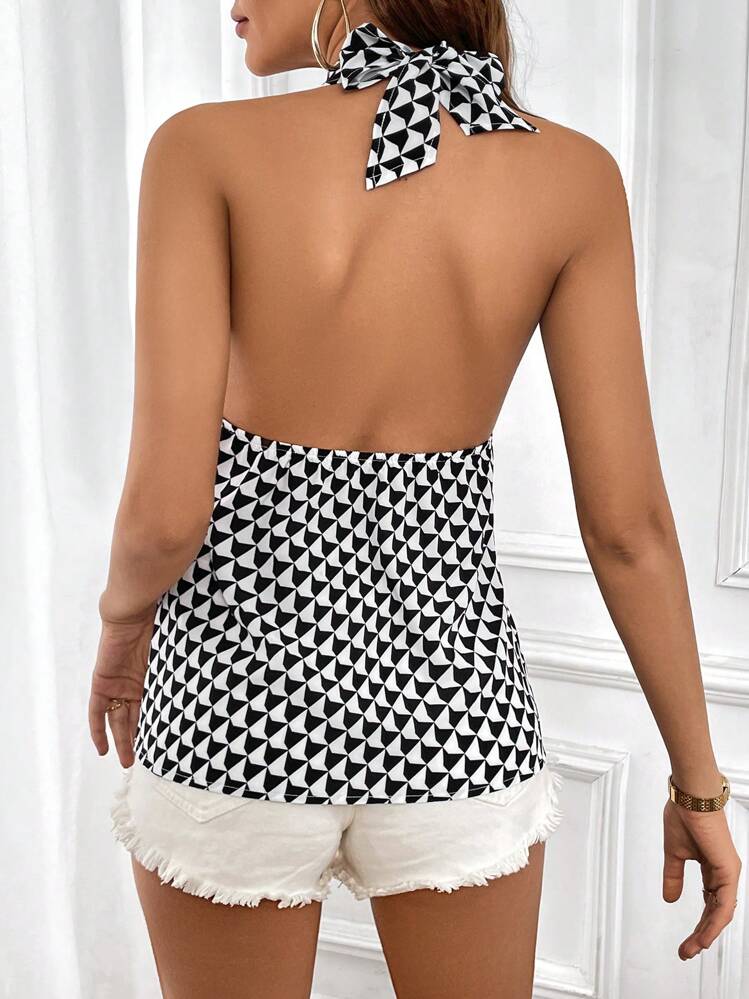 SHEIN Privé Allover Print Halter Top - Black and White - View 5