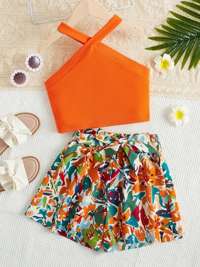 SHEIN Tween Flicka Halterneck-Topp & Blommigt Mönster Shorts med Bälte