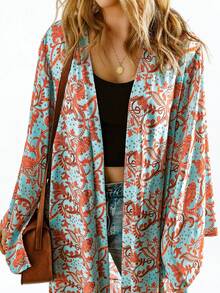 Paisley Print Ruffle Hem Open Front Kimono - Multicolor - View 3