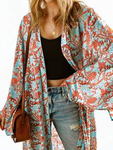 Paisley Print Ruffle Hem Open Front Kimono - Multicolor - View 4