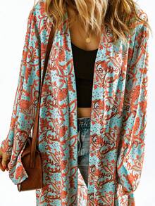 Paisley Print Ruffle Hem Open Front Kimono - Multicolor - View 5