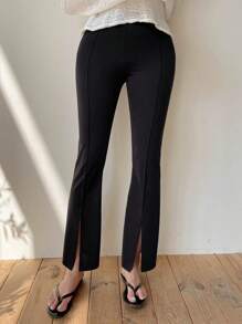 DAZY 女式纯色开叉下摆喇叭腿休闲裤，商务休闲女式正装裤秋季 - 黑色 - 查看 5