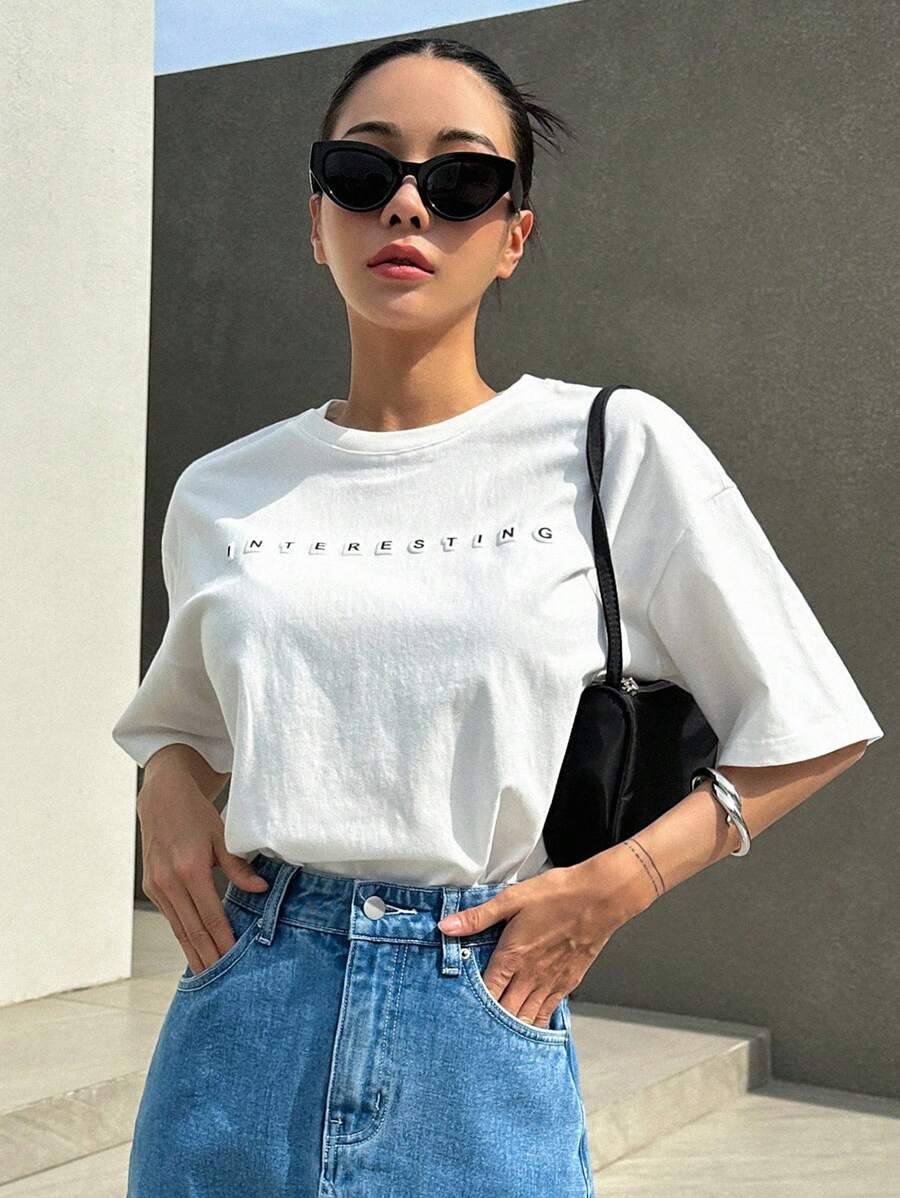 DAZY Áo thun nữ Lá thư Giải trí - trắng - Xem 1