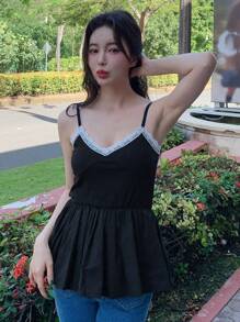 DAZY Áo khoác và áo lót dành cho xe tăng nữ Tương phản ren Viên lá sen màu trơn Giải trí - màu đen - Xem 1