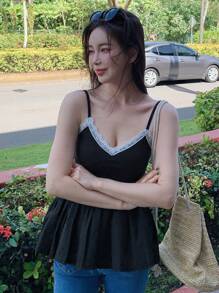 DAZY Áo khoác và áo lót dành cho xe tăng nữ Tương phản ren Viên lá sen màu trơn Giải trí - màu đen - Xem 4