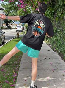 DAZY 男士纯棉字母和棕榈树印花落肩T恤，度假图案T恤 - 黑色 - 查看 5