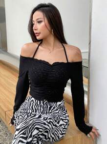 DAZY Xù Ca-vát Backless Áo phông Crop - màu đen - Xem 7