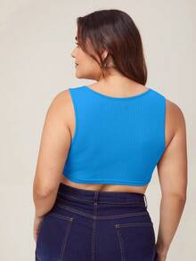 SHEIN BASICS Áo hai dây Plus Size Gân đan Nút phía trước màu trơn Giải trí - Màu xanh lam - Xem 2