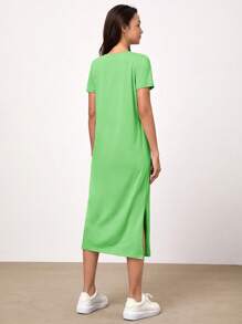 SHEIN BASICS Solid V Neck Tee Dress - Green - View 2
