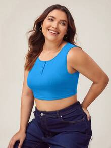 SHEIN BASICS Áo hai dây Plus Size Gân đan Nút phía trước màu trơn Giải trí - Màu xanh lam - Xem 4