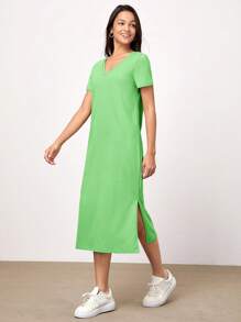 SHEIN BASICS Solid V Neck Tee Dress - Green - View 3