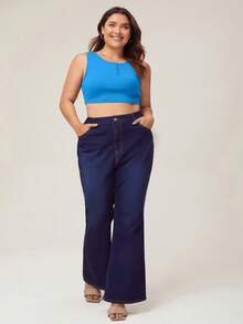SHEIN BASICS Áo hai dây Plus Size Gân đan Nút phía trước màu trơn Giải trí - Màu xanh lam - Xem 5