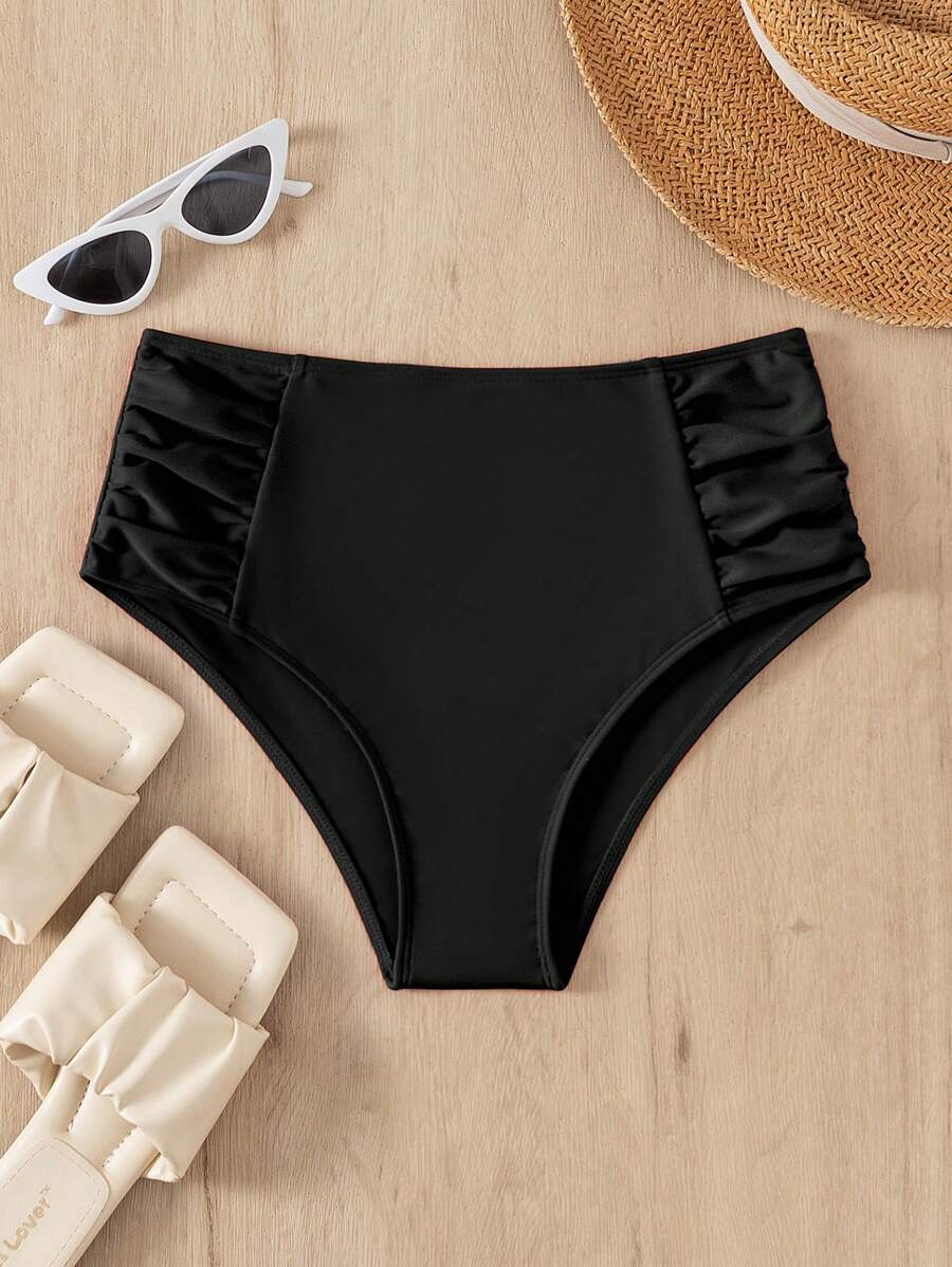 SHEIN Swim 褶邊高腰泳衣下裝 - 黑色 - 查看 1
