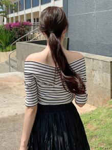 DAZY Áo thun nữ tay ngắn hở vai kẻ sọc thường ngày - Đen và trắng - Xem 2