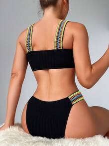 SHEIN Swim Bộ Bikini Nữ Ruy băng Sọc - màu đen - Xem 2