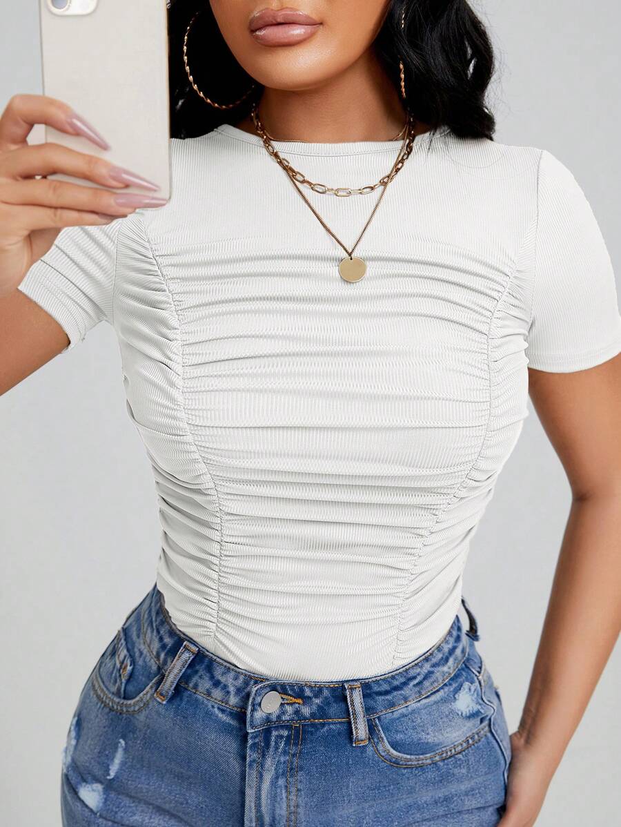 SHEIN SXY Solid Ruched Front Tee - White - View 1