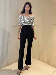 DAZY Áo thun nữ tay ngắn hở vai kẻ sọc thường ngày - Đen và trắng - Xem 9