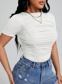 SHEIN SXY Solid Ruched Front Tee - White - View 4