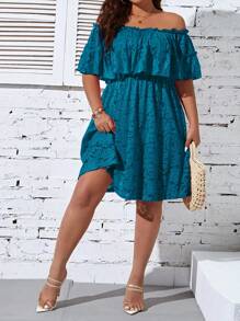 SHEIN Holidaya 大碼一字肩荷葉邊蕾絲連衣裙 - 水鴨藍 - 查看 1