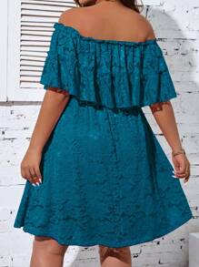 SHEIN Holidaya 大碼一字肩荷葉邊蕾絲連衣裙 - 水鴨藍 - 查看 2