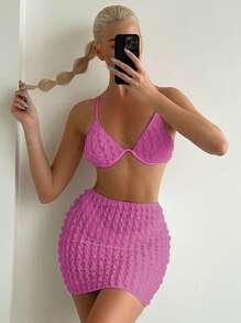 SHEIN Swim 素色帶鋼圈比基尼泳裝附沙灘裙 - 玫紅色 - 查看 1