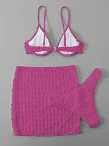 SHEIN Swim 素色帶鋼圈比基尼泳裝附沙灘裙 - 玫紅色 - 查看 2