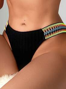 SHEIN Swim Bộ Bikini Nữ Ruy băng Sọc - màu đen - Xem 4