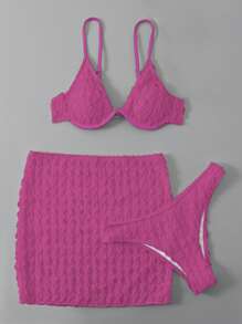 SHEIN Swim 素色帶鋼圈比基尼泳裝附沙灘裙 - 玫紅色 - 查看 5