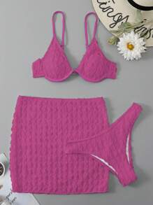 SHEIN Swim 素色帶鋼圈比基尼泳裝附沙灘裙 - 玫紅色 - 查看 6