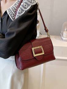 Dedoo Crocodile Embossed Shoulder Bag Small Buckle Decor Flap - Burgundy - View 1