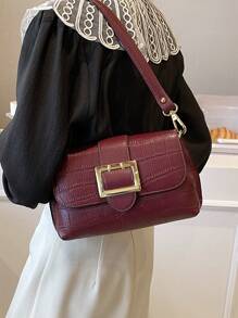 Dedoo Crocodile Embossed Shoulder Bag Small Buckle Decor Flap - Burgundy - View 2