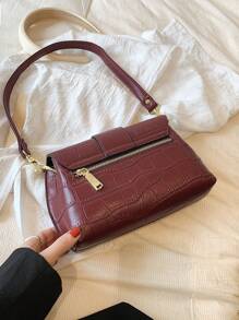 Dedoo Crocodile Embossed Shoulder Bag Small Buckle Decor Flap - Burgundy - View 4