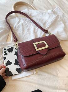 Dedoo Crocodile Embossed Shoulder Bag Small Buckle Decor Flap - Burgundy - View 6