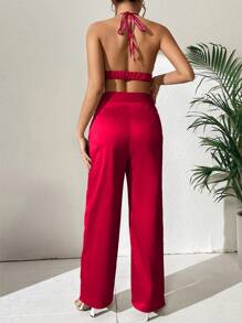 Chiquease 素色露背掛脖上衣和闊腿褲 - 玫瑰紅 - 查看 2