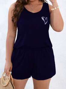 SHEIN LUNE con estampado de corazón Top tank & Shorts - Azul Marino - Ver 1