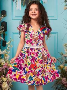 SHEIN Tween Girl Floral Print Contrast Lace Dress - Multicolor - View 1