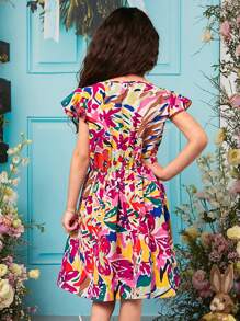 SHEIN Tween Girl Floral Print Contrast Lace Dress - Multicolor - View 2