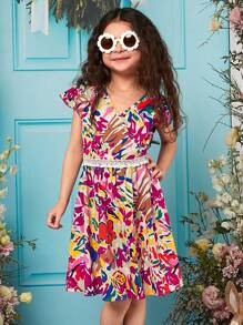 SHEIN Tween Girl Floral Print Contrast Lace Dress - Multicolor - View 3