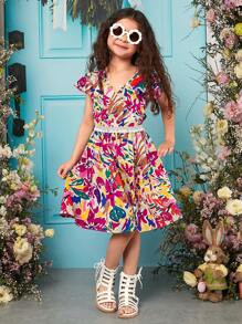 SHEIN Tween Girl Floral Print Contrast Lace Dress - Multicolor - View 4